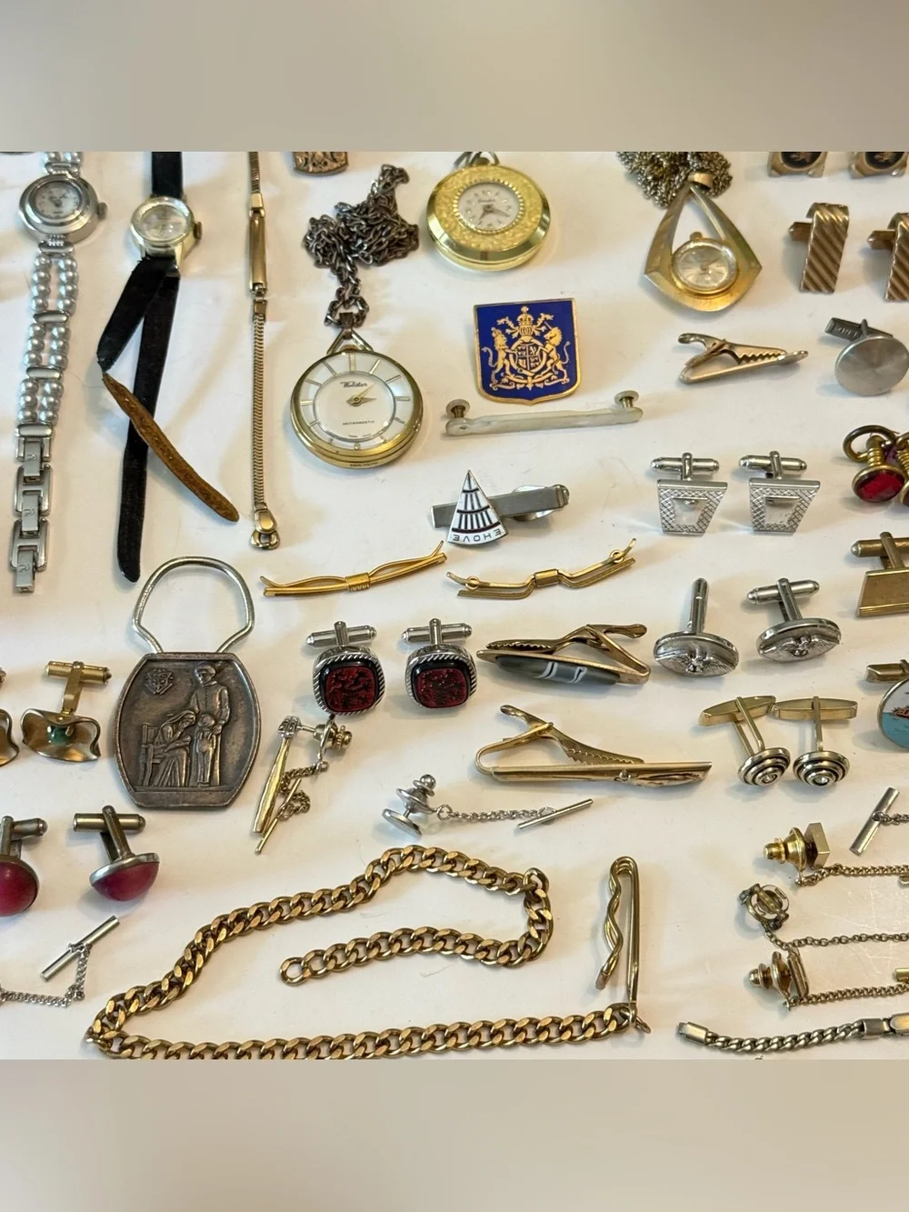 Huge Lot Of Men’s Tie Clips Cuff links Watches Junk Drawer Pins Medals